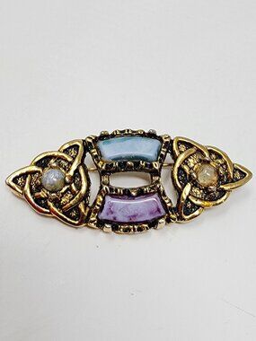Vintage Ornate Gold Tone Faux Stone Purple Blue Celtic Style Statement Brooch